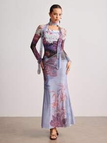 ROMWE Avant New Chinese Style Printed Mesh Fitted Dress With Scarf - Multicolor - View 4