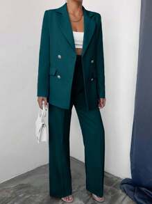 EURMUSE Women's Solid Color Double-Breasted Jacket And Pants Suit Set - Teal Blue - View 5