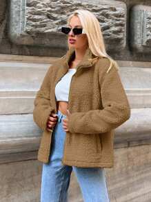 EURMUSE 女士休闲纯色常规夹克，秋冬 - 駝色 - 查看 4