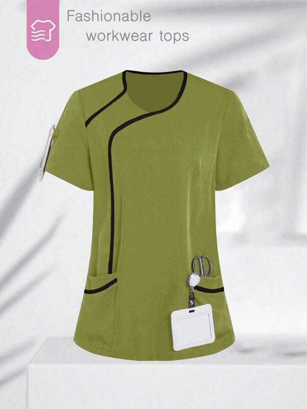 TaskEZ Blusa de manga corta con ribete de color contrastante, Blusas de uniforme médico