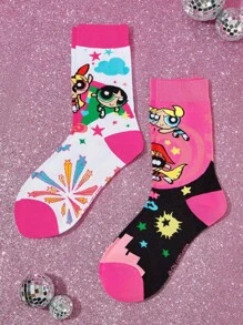 THE POWERPUFF GIRLS X SHEIN 2 đôi tất cổ cao mềm mại, thoáng khí, thấm hút mồ hôi dành cho nữ, họa tiết hoa, bong bóng, hoa mao lương, thời trang và dễ thương, màu trắng và hồng, mũi và gót được gia cố, bền bỉ, phù hợp cho mọi mùa, mọi phong cách - Nhiều màu - Xem 5