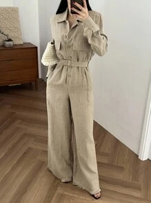DAZY Bộ áo liền quần dài tay kiểu vintage thường ngày dành cho nữ - Màu Khaki - Xem 3