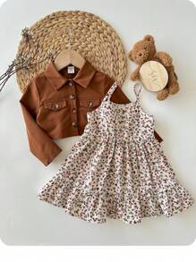 SHEIN 2pcs/Set Young Girls Casual Ditsy Floral Camisole Dress & Textured Brown Jacket, Autumn/Winter