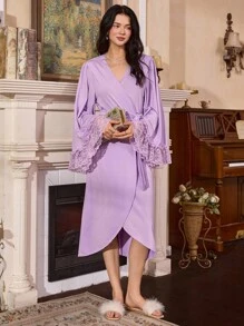 Côtesoire 女士优雅法式荷叶边下摆浴袍 - 紫色 - 查看 3