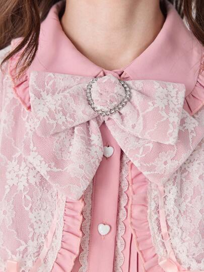 J-Fashion Women's Cute Princess Style Peter Pan Collar Lace Patchwork Bow Contrast Color Long Sleeve Dress