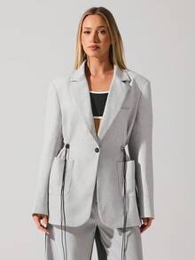 Menodora SHEIN Sport 女式休闲单纽扣翻领长袖休闲外套，秋冬轻便户外 - 淺灰色 - 查看 1