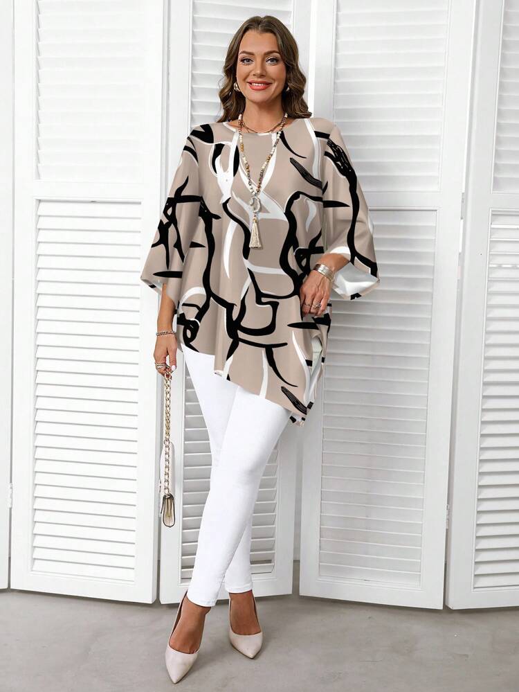 プラスサイズ ラウンドネック コントラストカラー ルーズカジュアルシャツ カーブヘム アシンメトリーブラウス チュニックブラウス、秋のプラスサイズ、秋のトップス、ティーチャープラスサイズ、外出、ビジネスカジュアルウーマンカーブ、フローイートップ、春/夏/バケーション