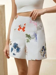 Anewsta 女士花卉印花高腰宽松休闲度假短裤 - 白色 - 查看 6