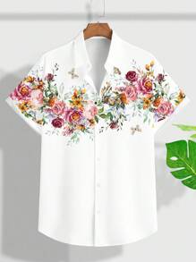 Manfinity RSRT Fashionable Casual Mature Floral Digital Print Pattern Slim Fit Short Sleeve Shirt For Plus Size Men, Suitable For Summer Outdoor, Beach, City Vacation, Dating, Party, Couple Matching, Great Gift For Boyfriend - White - View 3