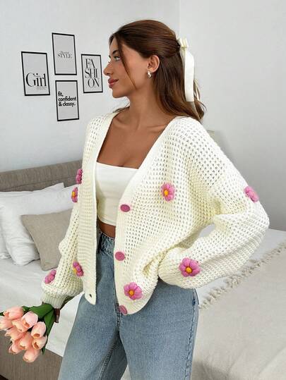 EURMUSE Women's Casual Cute Drooped Shoulder Loose Hand Embroidered Floral Knit Cardigan Brunch Going Out White And Pink Autumn