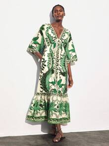 Maija 女式图腾印花 V 领褶饰长裙，百搭，适合城市通勤、商务、休闲、办公室、教师装，优雅，适合万圣节、圣诞派对、海滩度假 - 綠色 - 查看 6