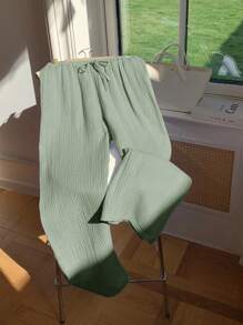 Comfortcana Women's Solid Color Knotted Casual Wide Leg Pants 100% Cotton Pants,Fall - Mint Green - View 4