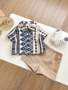 Baby Boy/Girl 2pcs Casual Retro Pattern Print Short Sleeve Shirt With Solid Color Shorts, Comfortable And Stylish Outfit