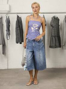 COUREZ 低腰蓝色水洗牛仔短裤/Y2K风格外出穿搭 可爱性感度假装扮 女款 - 中等水洗藍 - 查看 4