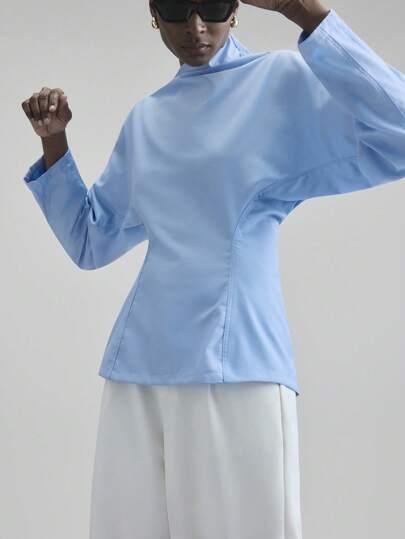 Ontre Camisa de mujer de manga de murciélago azul otoñal con cintura ceñida, camisa de estilo minimalista de moda urbana casual para la oficina, vacaciones en la isla, salidas