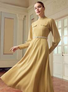 ZEYLAH Women's Elegant Solid Color Long Sleeve Midi Dress, Suitable For Commuting Fall Cloth For Women - Khaki - View 4
