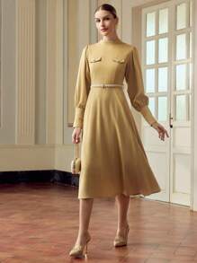 ZEYLAH Women's Elegant Solid Color Long Sleeve Midi Dress, Suitable For Commuting Fall Cloth For Women - Khaki - View 5
