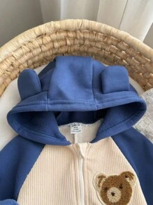Infants/Toddlers Casual Sports Cute Bear Embroidered Patchwork Fleece Hooded Jumpsuit For Baby Boys/Girls, Suitable For Autumn/Winter Wear - Beige - View 5