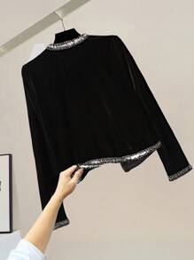 EMERY ROSE Chaqueta de cárdigan de terciopelo para mujer con ribete de cuentas - Negro - Ver 2