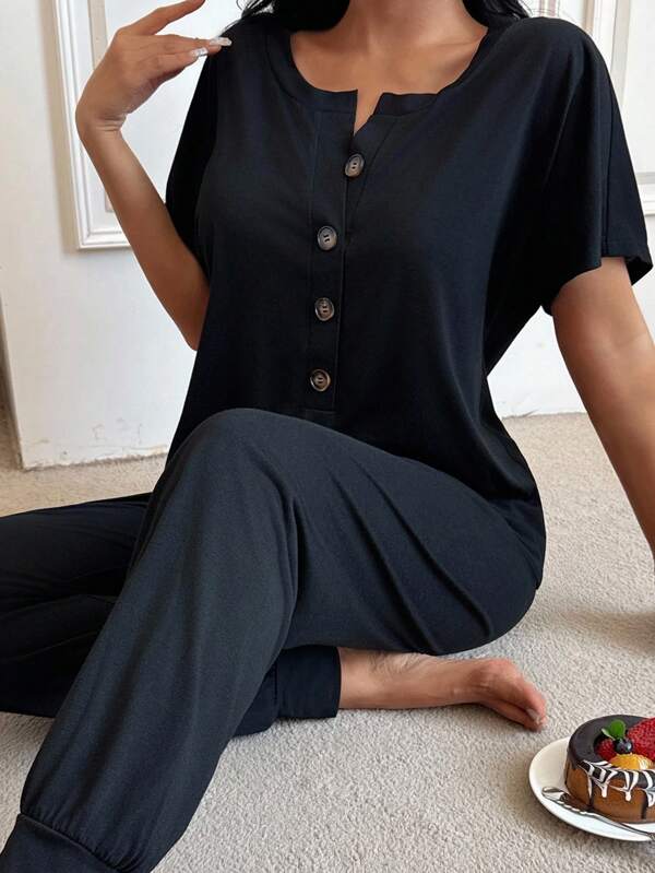 SHEIN Comfortable Pant Set With Plain Design And Relaxed Fit For Casual Wear Button Front Pajama Set Sleepwear Women Black, Outfits