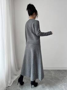 Elenzga 女士秋冬阿尼乌苏秋季上衣节日独立日灰色音乐演唱会复古教师斯德哥尔摩优雅百搭针织毛衣和裙子2件套 - 灰色 - 查看 3