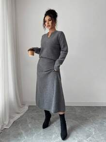 Elenzga 女士秋冬阿尼乌苏秋季上衣节日独立日灰色音乐演唱会复古教师斯德哥尔摩优雅百搭针织毛衣和裙子2件套 - 灰色 - 查看 6