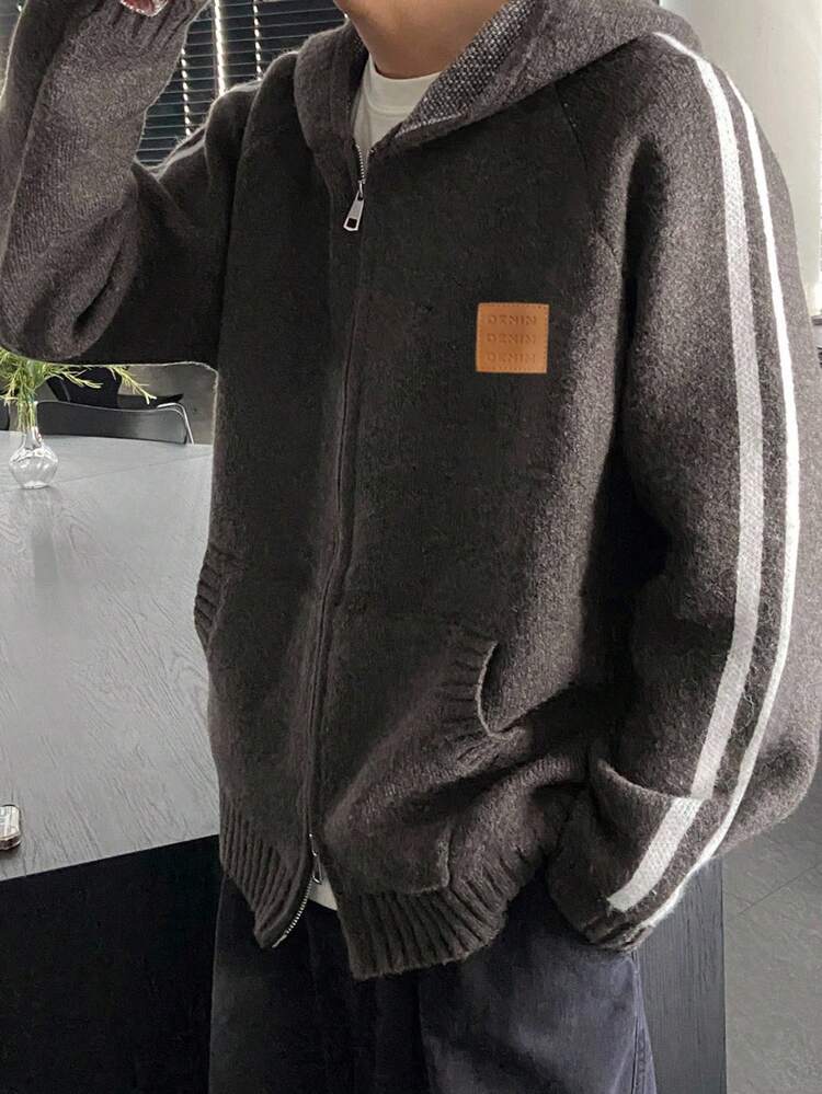 Men's Zip-Up Hoodie Cardigan With Brown Patch, Autumn Jacket