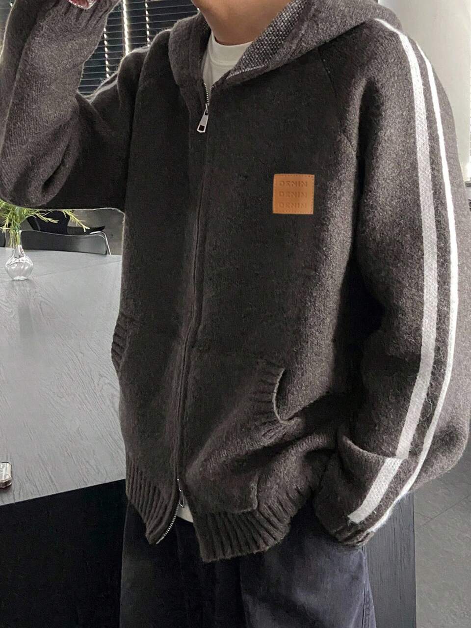 Men's Zip-Up Hoodie Cardigan With Brown Patch, Autumn Jacket