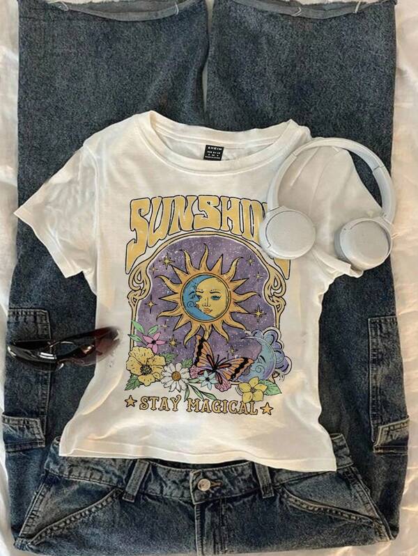Attitoon Camiseta ajustada de mujer de cuello redondo y manga corta informal, adecuada para verano, vacaciones, con estampados de sol, luna, mariposa y floral