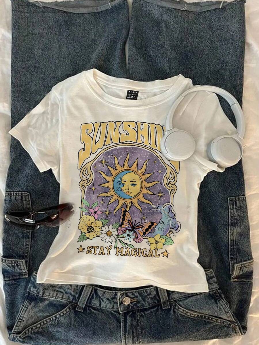 Attitoon Casual Crew Neck Short Sleeve Fitted Women T-Shirt, Suitable For Summer, Vacation, Sun, Moon, Butterfly, Floral Print Vintage Graphic Tees Summer Graphic Tees Suitable For Going Out - White - View 1