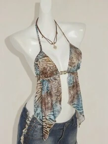 SHEIN ICON 复古豹纹露背挂脖无袖上衣，侧开衩下摆