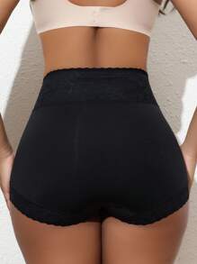 SHEIN Calça modeladora de renda retalhos feminina, elegante, sexy e confortável - Preto - Visão 2