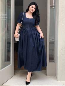 Dazy Plus 深洗蓝色方领短袖长款牛仔连衣裙，夏季 - 深色水洗藍 - 查看 6