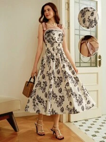 SHEIN Clasi Halloween Holiday Back To School Sweet Style Floral Tie Smocking Stitch A Line Midi Flowy Dress Fall Outfits - Multicolor - View 1