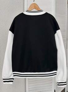 INAWLY 女式字母贴花撞色前扣休闲长袖夹克 - 黑與白 - 查看 3