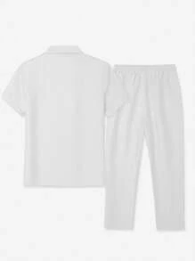 Manfinity Homme Completo casual da uomo con camicia a maniche corte a doppio petto con collo a scialle e pantaloni, di colore unito