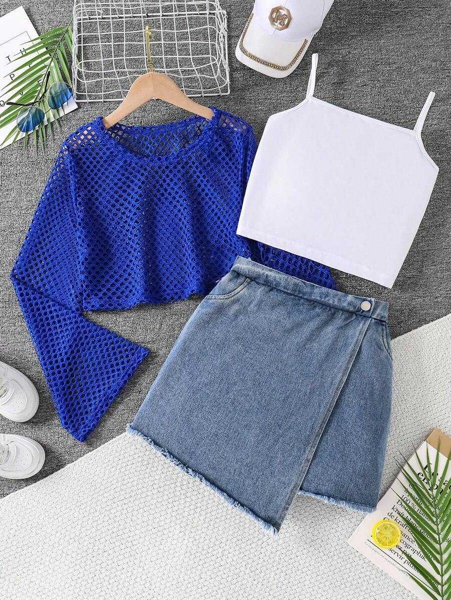 3pcs/Set Teen Girl Casual Daily Street Style Camisole Top, Denim Skort, And Hollow Out Bell Sleeve Top, Spring/Summer Fall Winter - Royal Blue - View 1