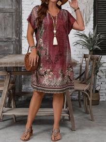 EMERY ROSE Plus Size Women Country Casual Vacation Vintage Style Floral Print V-Neck Short Sleeve Dress,Summer Holiday,Vacation Outfits Women,Simple And Fashionable For Everyday Wear,Vacay Vibes,Springbreak,Casual Wear SS,Bohemia,Summer Dresses For Women,Dresses Casual,Going Out Outfits,2025 New Clothes,Fall Women Clothes - Red - View 6