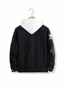 青少年男孩刺绣贴布牛仔夹克，休闲时尚百搭春秋街头潮流开学推荐！经典永恒黑牛仔舒适面料，十字绣+多元素刺绣贴布，赋予夹克独特的个性与灵魂，前翻盖假口袋设计，增添粗犷的工装风格，宽松舒适，适合日常穿着。 - 黑色 - 查看 2