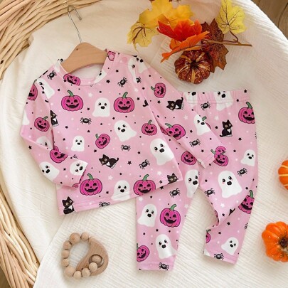 新生児女の子かわいいカートゥーンパターンニット長袖トップ&パンツ ホームウェアセット、秋冬
