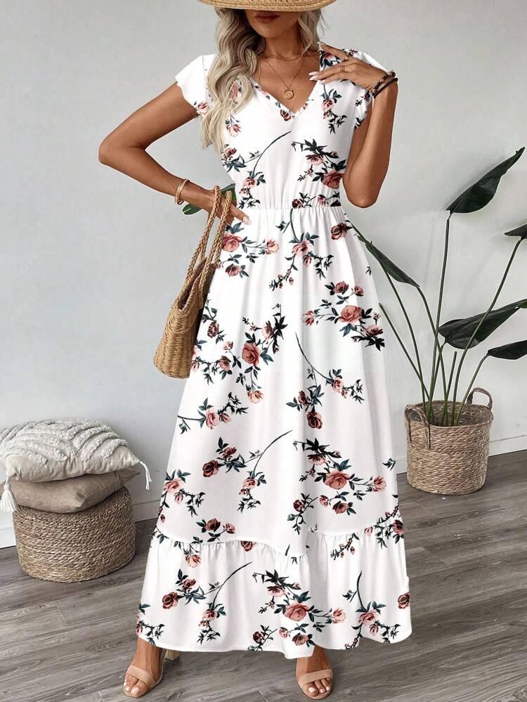 Vestido maxi con cuello en V, volantes y mangas y bajo con vuelo, vestido floral casual de vacaciones para mujer, vestido floral largo, vestido floral blanco, vestido floral casual, ropa de otoño