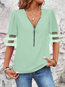 Breezaya Women Casual Vacation Mesh Patchwork Puff Sleeve Blouse - Green - View 5