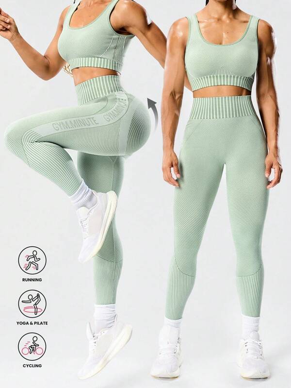Seamluxe SHEIN Sport Conjunto Esportivo Feminino com Regata Verde Sem Costura de Gola Redonda e Calça com Cintura Elástica, Conjunto Atlético para Academia e Exercícios