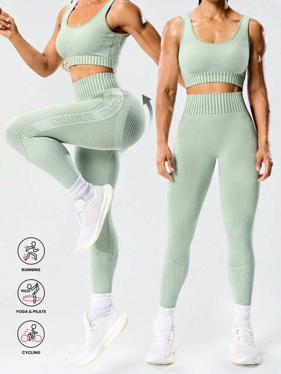 Seamluxe SHEIN Sport Conjunto Esportivo Feminino com Regata Verde Sem Costura de Gola Redonda e Calça com Cintura Elástica, Conjunto Atlético para Academia e Exercícios