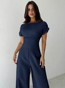 Firerie 夏季新款女士优雅休闲通勤白色落肩上衣和阔腿裤套装 - 藏蓝色 - 查看 5