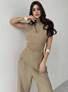 Firerie 女式两件套卡其色简约优雅休闲通勤办公室服装：无袖不对称褶皱腰衬衫 + 常规褶皱阔腿裤、亚麻通勤套装、沙滩装、机场装、度假装、教师装