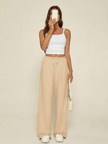 SHEIN Tall 女夏季运动裤基础款休闲杏色裤子女阔腿裤阔腿运动裤宽松裤子舒适裤子女宽松裤子女裤子阔腿夏季裤子 - 卡其色 - 查看 6