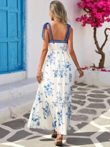 Vivid Eden Women's Floral Print Ruffle Hem Spaghetti Strap Dress, Suitable For Vacation, Women Vacation Dress, Beach Sundress,Rave Outfit,Brunch Outfits For Women,Dating Dress,Cute Dress,Going Out Dress,, Blue And White Floral Maxi Dress, Summer Maxi Dress, Beach Dress