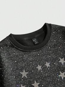 ROMWE MEN Street Life 男士水钻装饰套头衫，适合秋冬季日常穿着 - 黑色 - 查看 3