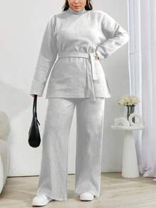 EURMUSE Solid Color Turtleneck Casual Sweater 2pcs/Set - Grey - View 7